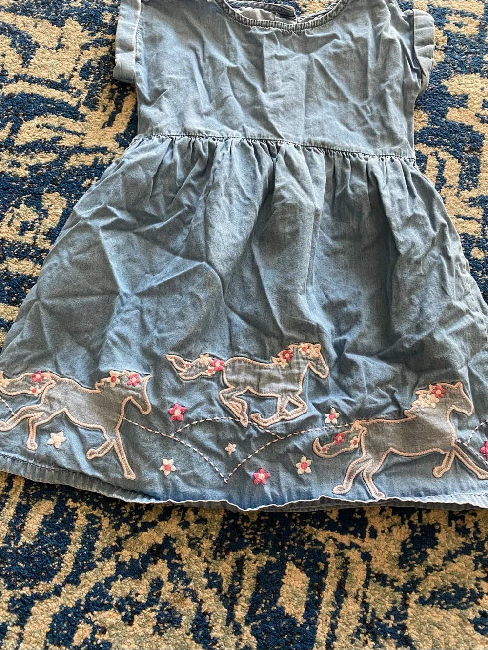 Girls' Blue Denim Horse Embroidered Dress